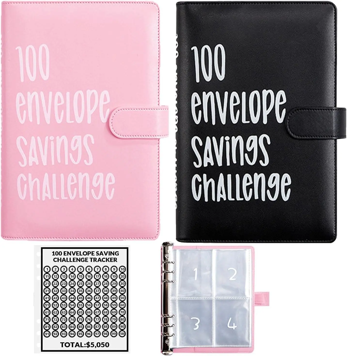 100 Envelope Challenge Binder, Savings Challenges Sheets，Budget Binder with Cash Envelopes, Savings Challenges Binder, Budget Planner Book for Budgeting (Black)