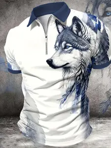 Men's Wolf Print Polo Shirt, Regular Fit Casual Short Sleeve Half Zip Top for Daily Outdoor Wear, Fashion Men's Clothes for All Seasons, Menswear, Masculine