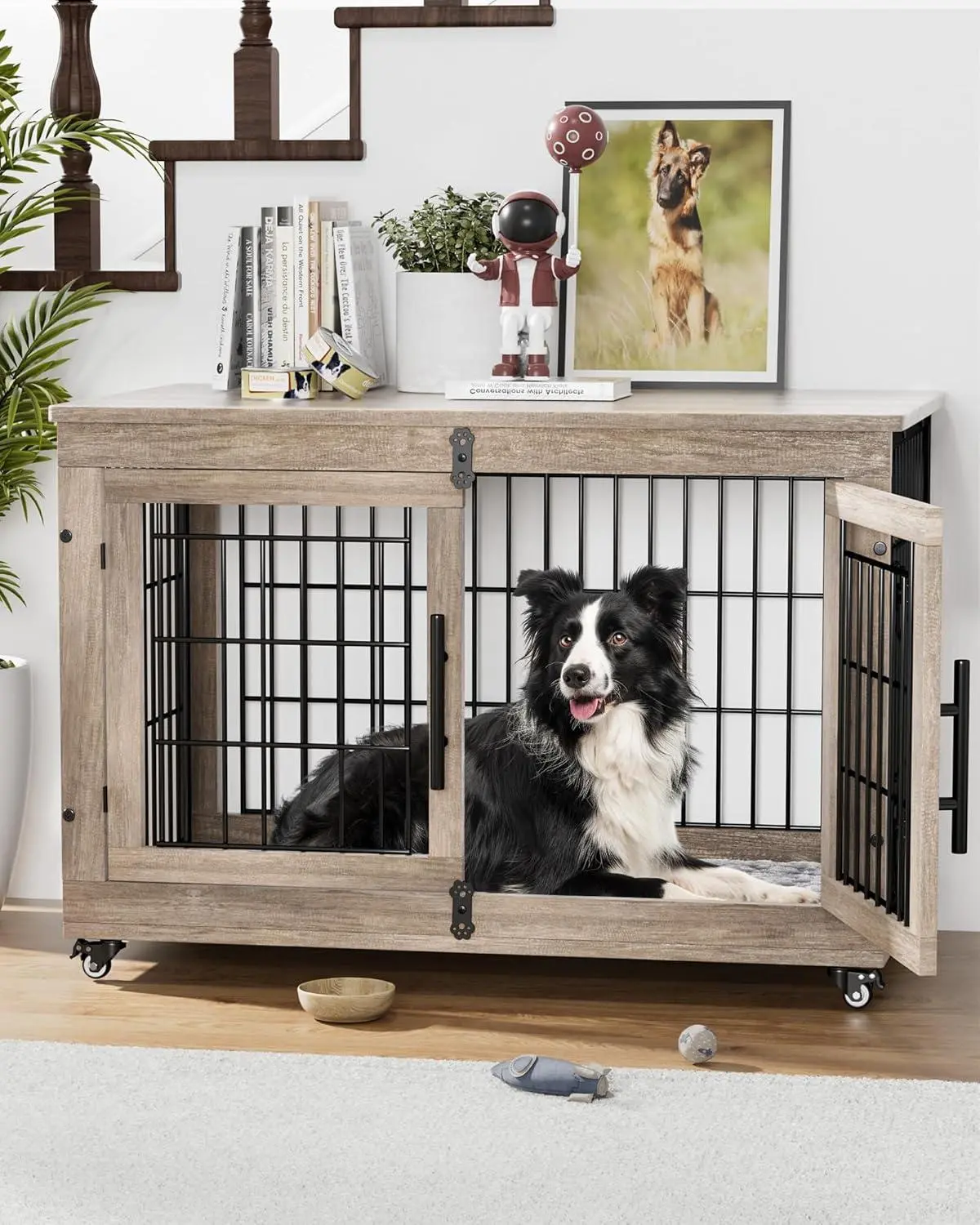Dog Crate Furniture with Soft Pad & Wheels, Dog Cage with 2 doors, Wooden and Metal Dog Kennel, 2 Size Option Dog Crate Furniture with Soft Pad & Wheels, Dog Cage with 2 doors, Wooden and Metal Dog Kennel, 2 Size Option