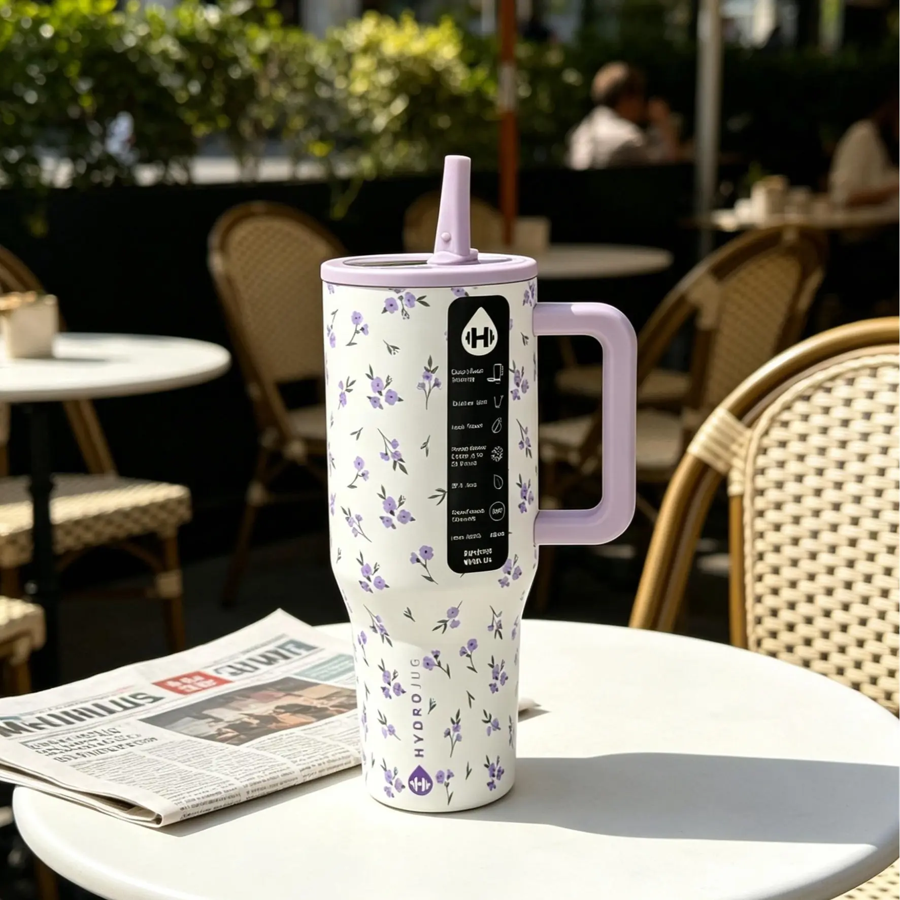 HydroJug 40oz Stylish Purple Floral Printed Insulated Vacuum Cup - Portable Vacuum Flask, Stainless Steel Tumbler with Handle & Straw Lid, 24hr Cold Retention, Leak-Proof, Car Cup Holder Friendly, Reusable for Gym Camping