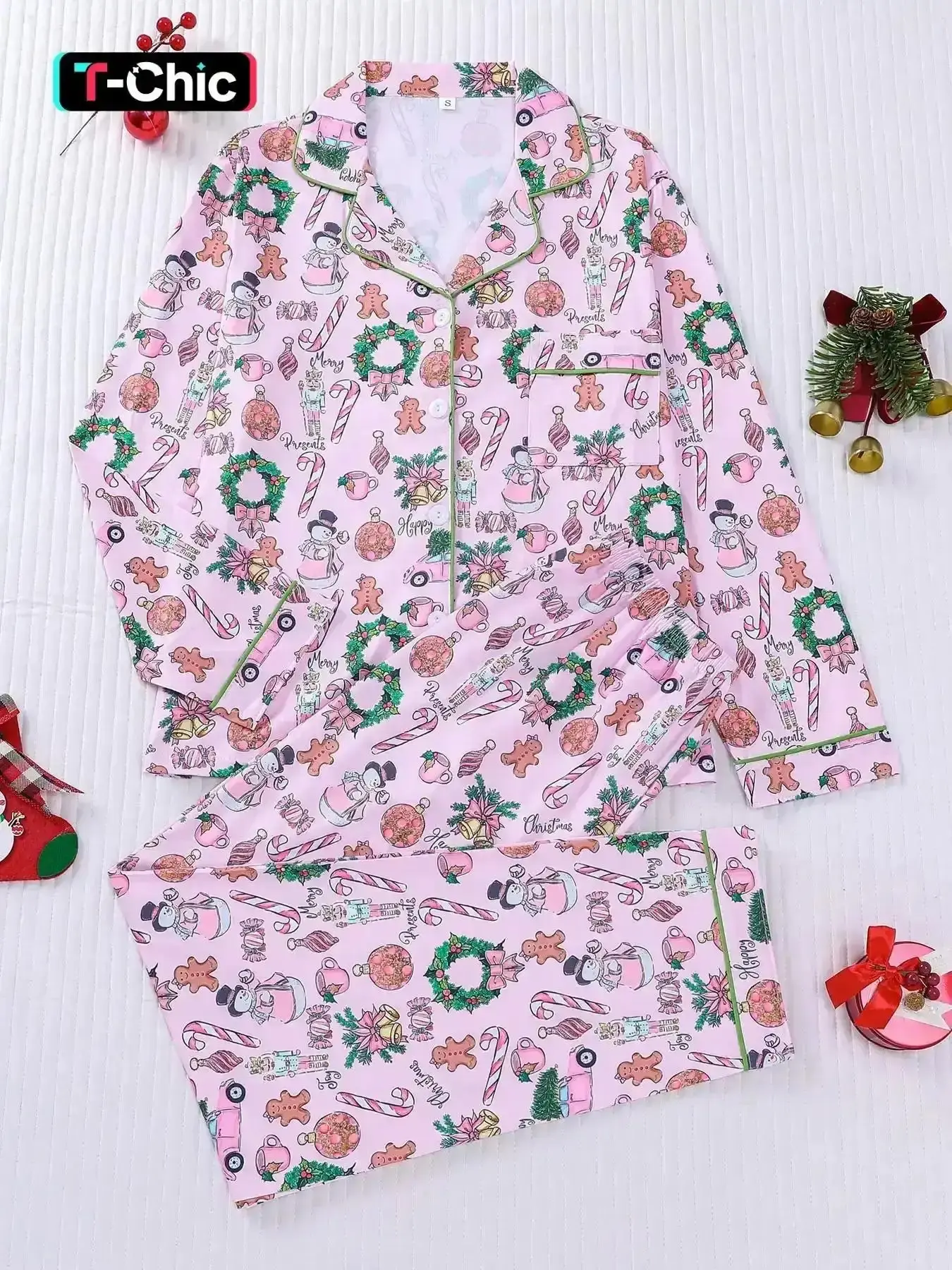 2-Piece Knitted Set of Gingerbread Man, Christmas Long Sleeved Pants, Skin-Friendly Top, Building Blocks, Soft and Small Pocket, Button Closure, Elastic Waistband and Pajamas, Comfortable