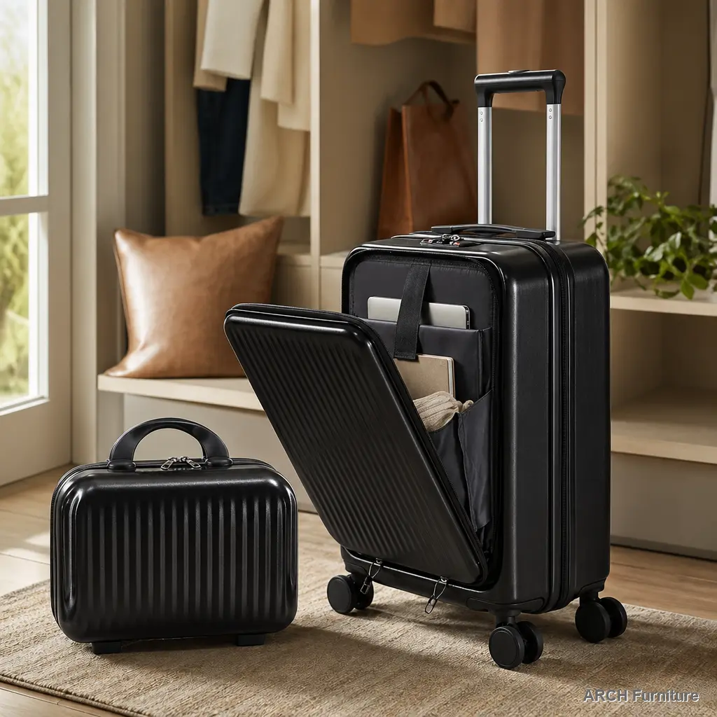Modern Striped 2-Piece Luggage Set, Waterproof ABS Hard Shell 20" Carry On Suitcase with 14" Cosmetic Case, Front-Opening & 360° Spinner Wheels, 4 Wheels 360 Rotation, Acrylonitrile Butadiene Styrene (Abs), Abs Plastic
