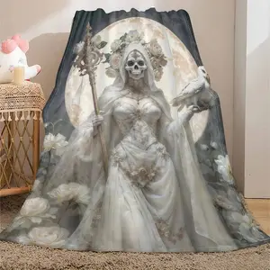 Moonlit Santa Muerte Blanket Soft Cozy Warm Flannel & Fleece Throw for Bed & Couch, Mystical and Spiritual Design, Faithful and Durable, Ideal Gift for Adults & Santa Muerte Fans, Halloween, Dia de los Muertos