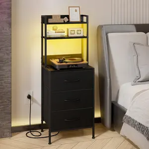 41 Inch Tall Nightstand with Charging Station, Led Night Stand with U-S-B Port & Socket, 3 PU Finished Fabric Storage Drawers, Office, Bedside Table & Bookshelf in One, Black