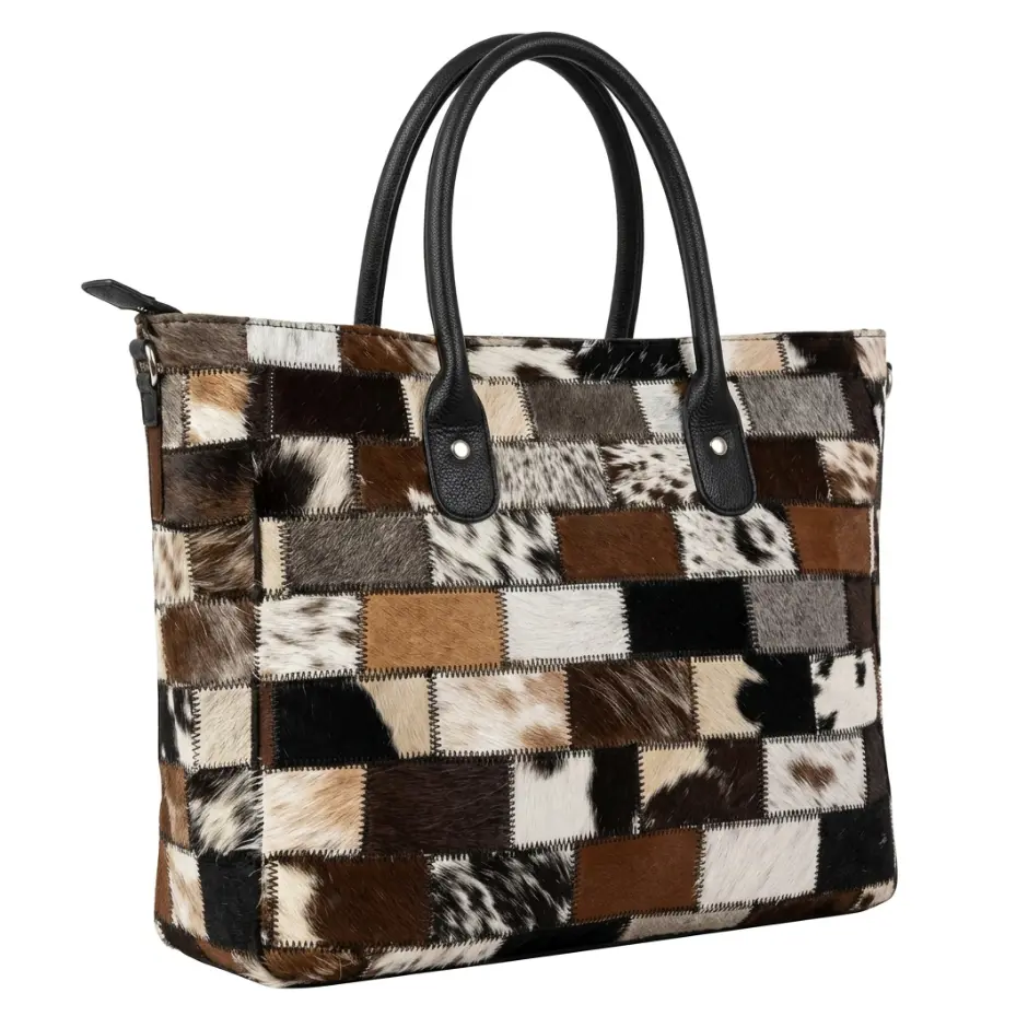 Genuine Hair-on Cowhide Leather Patchwork Tote Bag – Premium Multi-Color Western Checkered Shoulder Purse & Crossbody Handbag for Women (15" x 13" x 5")