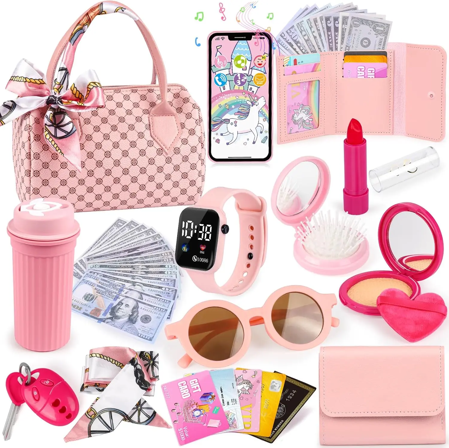 Girls' 32PCS Pretend Play Purse Set - Watch, Makeup, Handbag, Phone, Bottle, Scarf | Princess Role Play Toys for Ages 3-12, Birthday Party, Mom-Daughter Activities