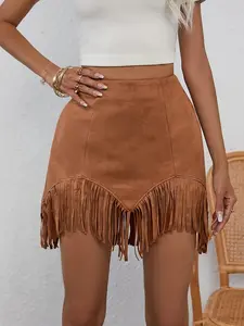 Women's Spring Summer Denim Festival, Country Music Concert Jacket, Casual Sexy Bohemian Style Fitted Short Vacation Tassel Fringe Dress Skirt Woven