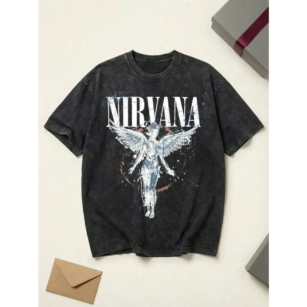 Men's Nirvana In Utero Splatter Angel Graphic Tee - Cotton Fabric, Unisex Streetwear, Classic Shortsleeve, Casual Acid Washed Distressed Grunge 90s Rock Boyfriend Style Couple Matching Summer Top