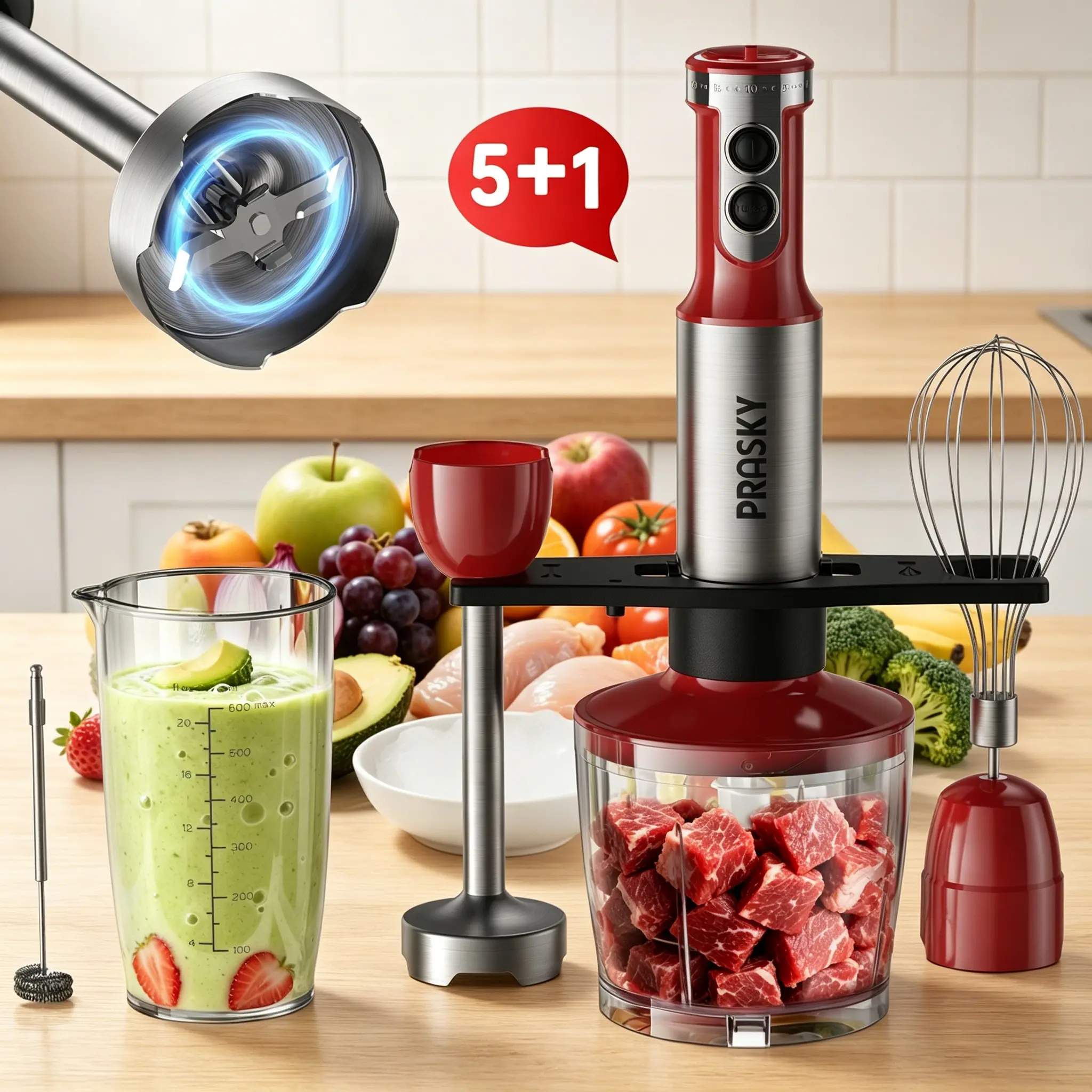 PRASKY Professional Handheld Blender 1200W Motor 20 Speeds Modes with Turbo Stainless Steel Blade Egg Whisk Beaker Chopper Bowl Multi-Function Kitchen Stick Mixer for Sauce Soups, Smoothies, Baby Food & Juicer