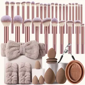 42PCS Makeup Tools Set Including:30PCS Makeup Brush Set+2PCS Makeup Sponges+3PCS Mini Makeup Sponges+3PCS Mini Air Cushion Powder Puffs+1pc Eyelash Curler+1pc Hairband+2PCS Hand Bowl Strap+1pc Makeup Brush Cleaning Tools, Kit, Daily