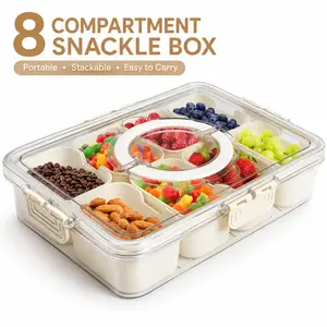 Snackle Box Container with 8 Compartments, Portable Snack Organizer with Secure Lid for Dry Snacks, Travel Snack Box for Road Trips, Office, Picnic and On-the-Go Use