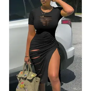 LadderCutOutHollowOutRuchedSlitBodyconDressforWomenSideSlitDrawstringClubPartyShortSleeveMidiDressesFabricFormal