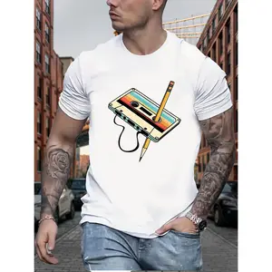 [100% Cotton] Cotton Short Sleeve  T-Shirt Men'S Retro Cassette Print T-Shirt - Casual Crew Neck, Polyester-Elastane Blend, Slight Stretch, Summer Knit Fabric T-Shirt For Men And Women