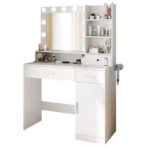 Vanity Desk with Adjustable Lighten Mirror & Power Outlet, Makeup Desk for Bedroom with a Storage Stool and 3 Drawers, 6 Storage Shelves, White Dresser for Girls