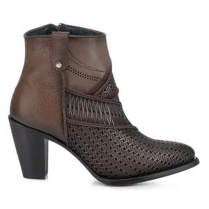 LD CUADRA Women's Western Style Boots Brown Laser & Embroidery & Studs & Zipper Round Toe CU946