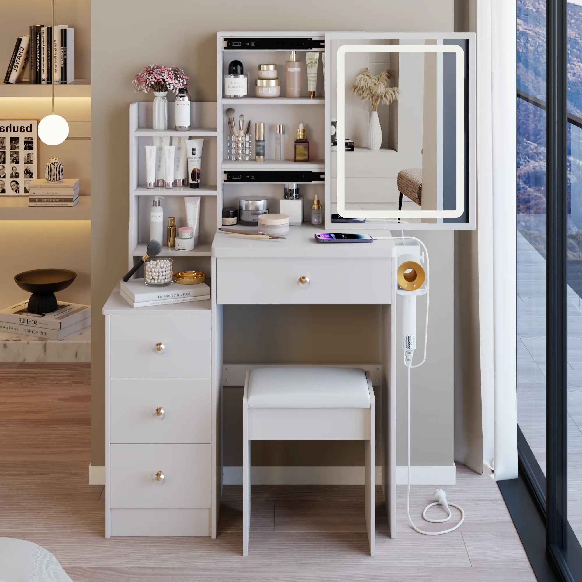 29.2" Small Size Left Bedside Cabinet Vanity Table + Cushioned Stool, 2 AC+2 USB Power Station, Hair dryer bracket, Extra Large Touch Control Sliding LED Mirror, Tri-color Switching, Brightness Adjust vanity makeup desk vanity with mirror vanity desk