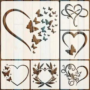 6pcs Heart & Butterfly Craft Stencils - Intricate Floral Swirl Designs for Wood, Walls, Canvas, Photo Frames - Reusable DIY Templates for Indoor/Outdoor Home Decor, Scrapbooking, Painting Projects, Layering Stencils for Card Making