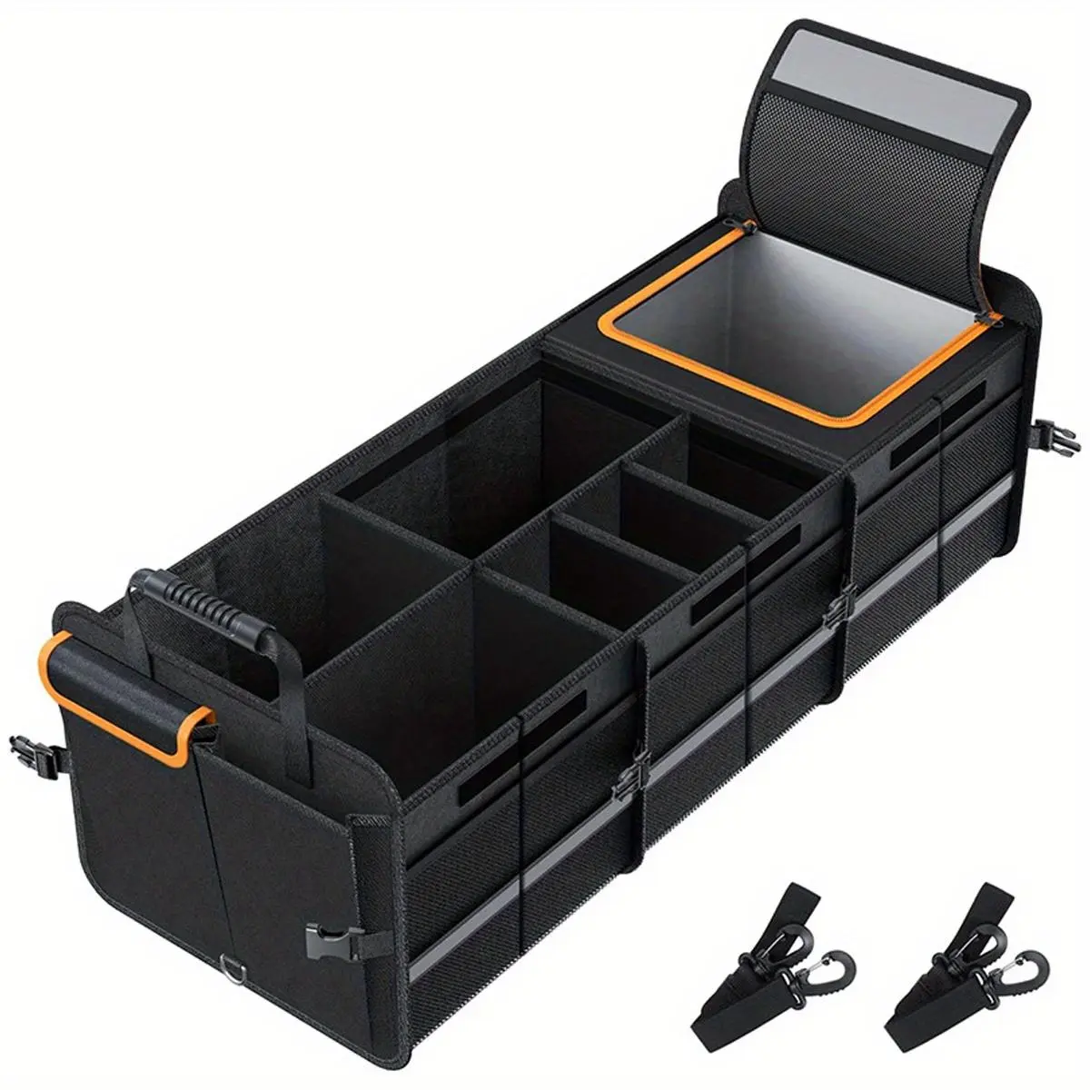Large Capacity Car Trunk Organizer, Black Oxford Cloth Collapsible Cargo Storage Box with Insulated Cooler Bag, 2mm PE Board Sturdy Frame, Adjustable Lid, Carry Handle & Compartments for SUV, Truck, Travel, Groceries, Camping Gear, Outing, Outdoor