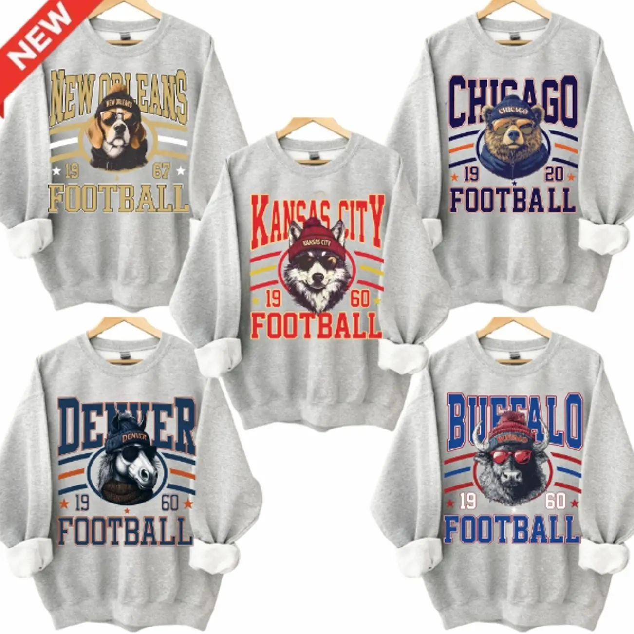 New Retro Style Varsity ALL TEAM FOOTBALL Crewneck Sweatshirt - Gildan SPORT GREY , Long Sleeve, Medium Clothing Length - Spirit Animal Football, Sports Home Town, Menswear GO