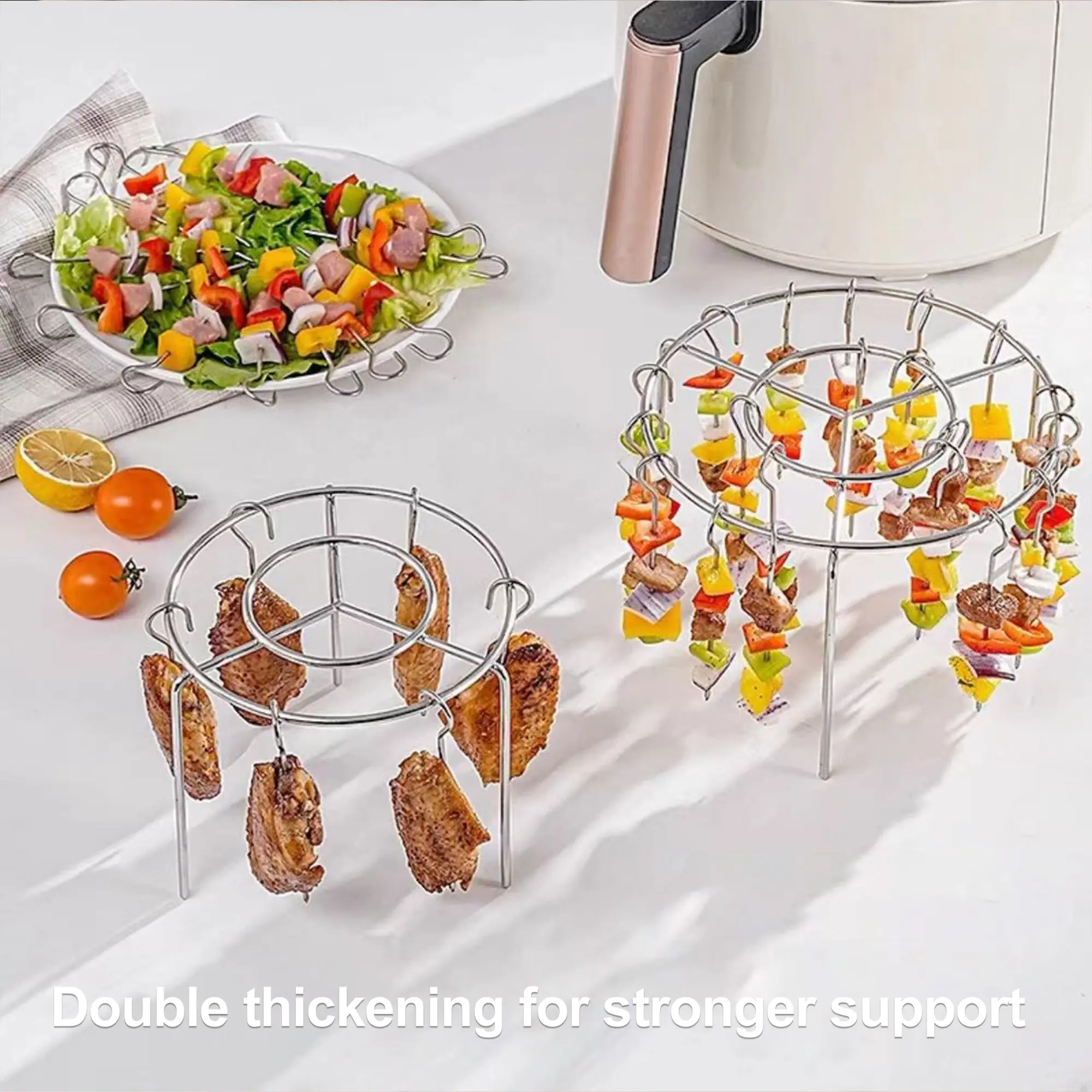 2-Count Circular Air Fryer Skewer Rack - Vertical Grid, 360° Rotational Baking, No-Flipping Design, Stainless Steel Skewers Included, Barbecue Utensils for Family BBQ Household Kitchen Meat Grilling, 1 Size