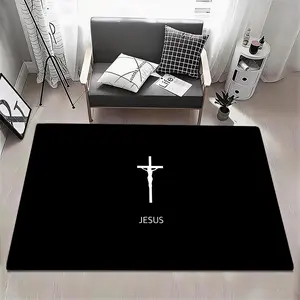 Art Cross Jesus Floor Mat Eco Flannel Doormat Non-Slip Odorless Soft Short Plush Indoor Floor Rug Home Decor Aesthetic Bedroom Living Room Kitchen Mat 6 Sizes Available 40x60 50x80 60x90 80x120 100x160 120x160cm