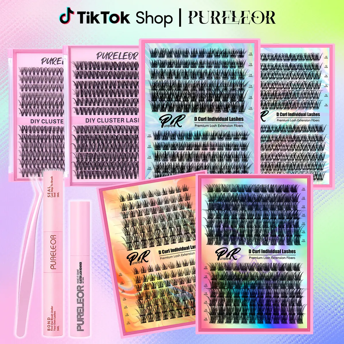 PURELEOR Cluster Lashes Kit DIY at Home False Eyelashes Individual Lash Clusters 10-16mm D-Curl Eyelash Extensions Volume Cat Manga Eyes Style Natural Look Soft Gift for Valentine's Day Lover