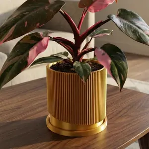 Mid-Century Ribbed Planter with Drainage and Saucer in Multiple Colors, 3D Printed Planter with Unique Modern Design, Lightweight, Wave