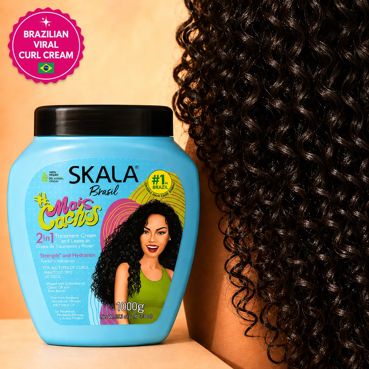 SKALA Brasil Mais Cachos 1000g (2 lb 3.3 oz) Curly Hair Mask - Blue Brazilian 2-in-1 Treatment & Leave-In Conditioner, Formaldehyde-Free, Frizz Control, 3c Wavy Natural Bouncy Curl Enhancer, D-Panthenol Nourishing Vegan Curly Girl Approved for Normal Hair