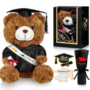 Graduation Bear Gifts Set Include Stuffed Animal Bear with Gown Cap Tassel Class of 2025 Grad Card Soap Artificial Flower Box with Graduation Gift for Him Her