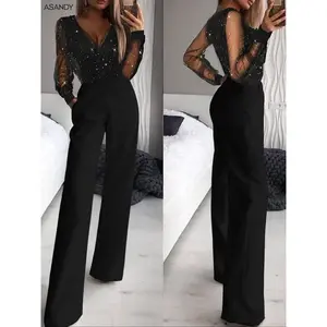 Women’s fashionable and sexy black mesh sequin spliced deep V-neck long-sleeve one-piece slim-fit wide-leg pants, suitable for wearing in spring and autumn seasons