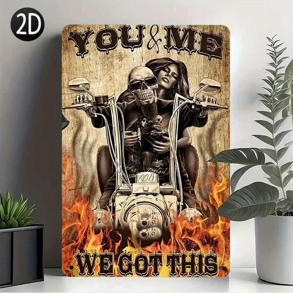 Vintage Large Motorcycle Couple Metal Tin Sign Set - 7.87x11.81in Rust-Proof Rustic Iron Wall Decor, "You & Me We Got This" Design with Biker Couple, Flames, Skulls, Easy Mounting, Garage Gift for Biker Enthusiasts