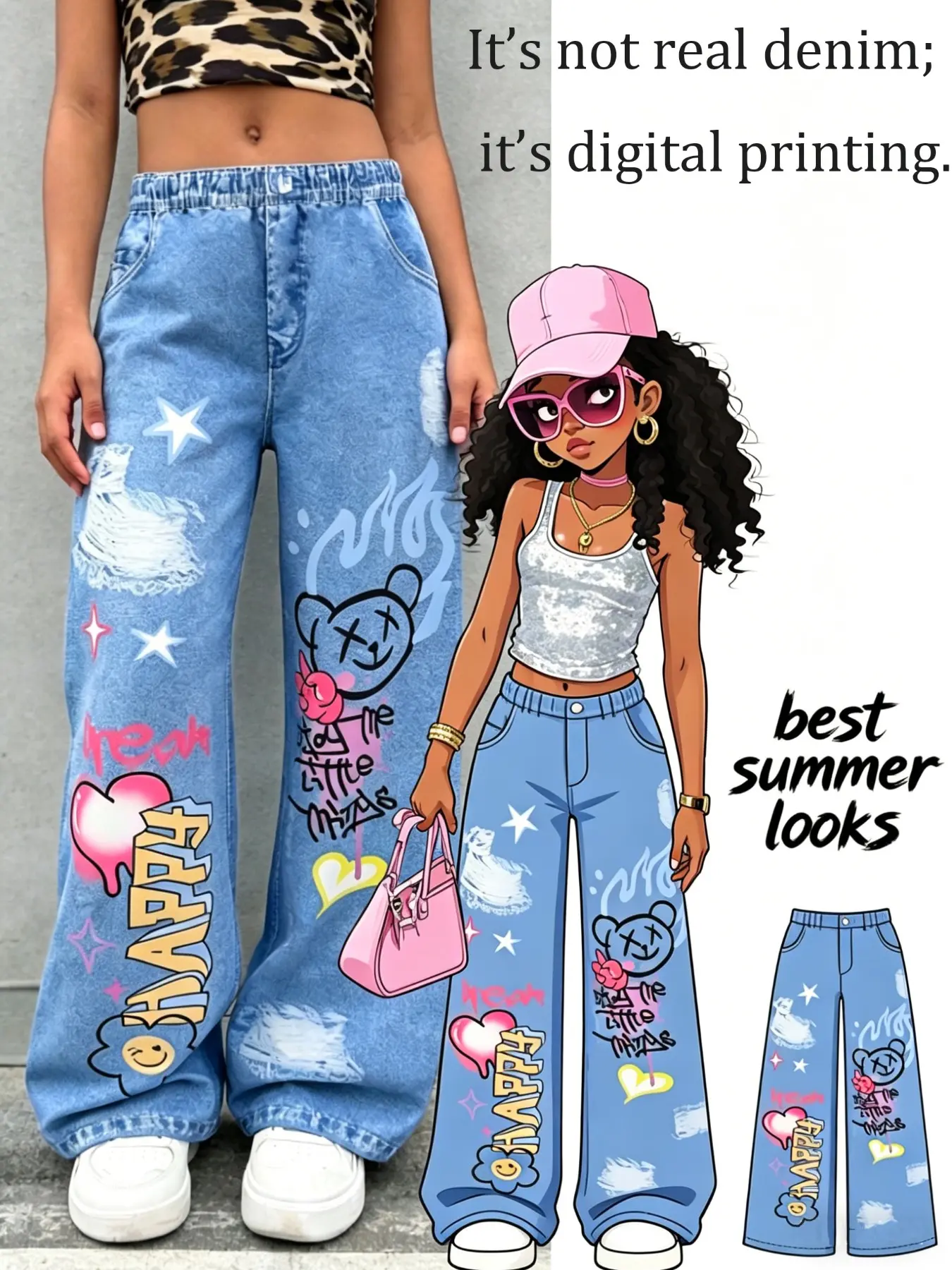 Girls Y2K Summer Digital Print Denim Jeans, High Waist Wide Leg Loose Graffiti Star Design, Casual Street Style Trousers for Teens, Loose Legged Pants