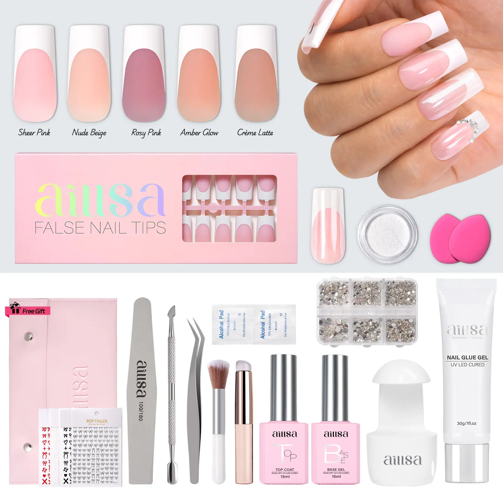 AILLSA Cozy My Nail Set Press-On Nails Kit - Chrome Powder, 5 Base Colors, 30g Strong-Hold Solid Gel Glue, Square Natural-Fit GelX Tips, White French Tip for Fall DIY Care