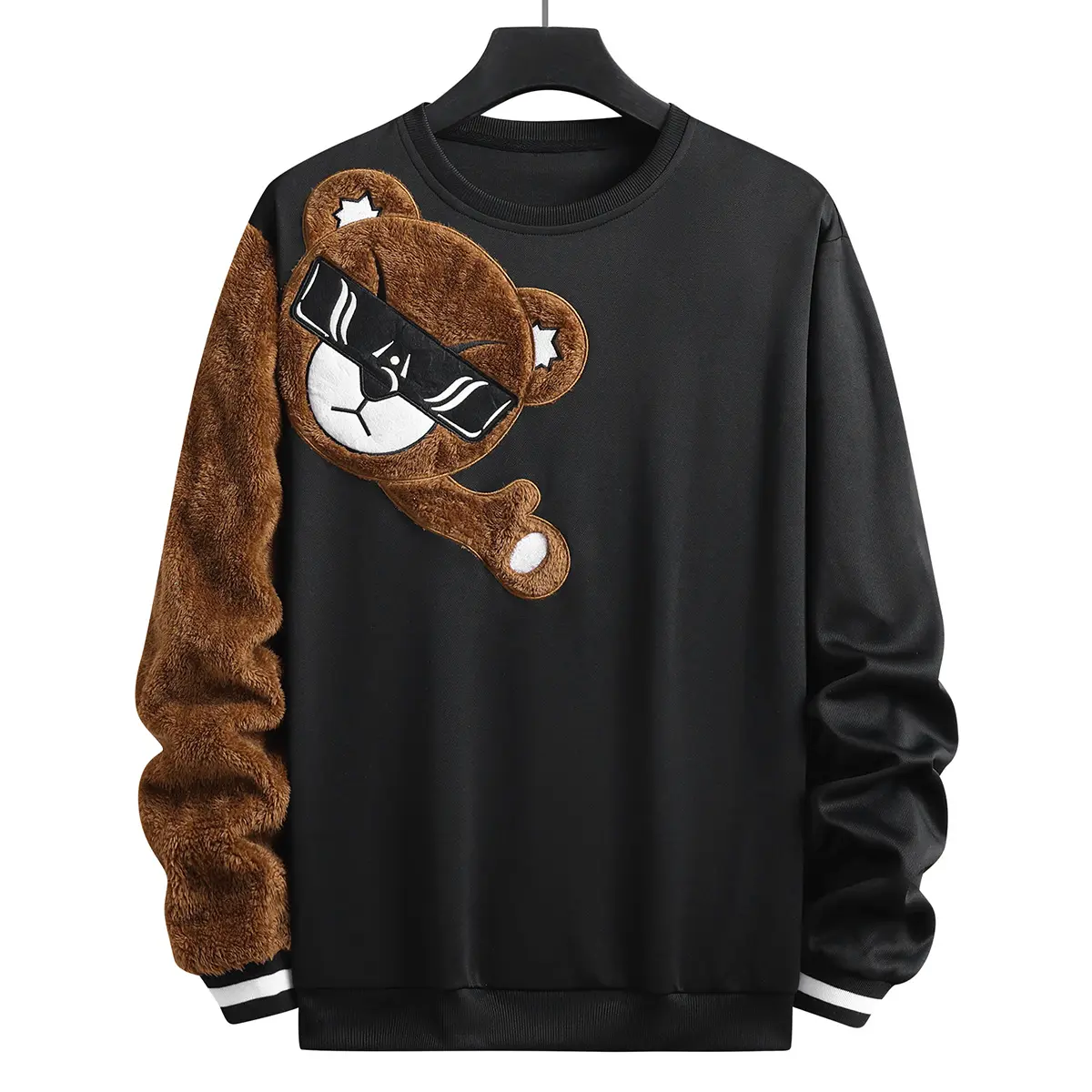 Men's Black Brown Colorblock Fleece Sweatshirt with Sunglasses Bear Decor Trendy Patchwork Casual Unique Top for Everyday Wear