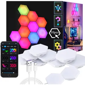 10 Pack Hexagon Wall Light RGB Panel, Cool RGB Hexagonal Modular Gaming Led Lights Home Decor with Smart APP, Music Sync Honeycomb Shape Panels DIY Hexagon Lights for Bedroom Living Room