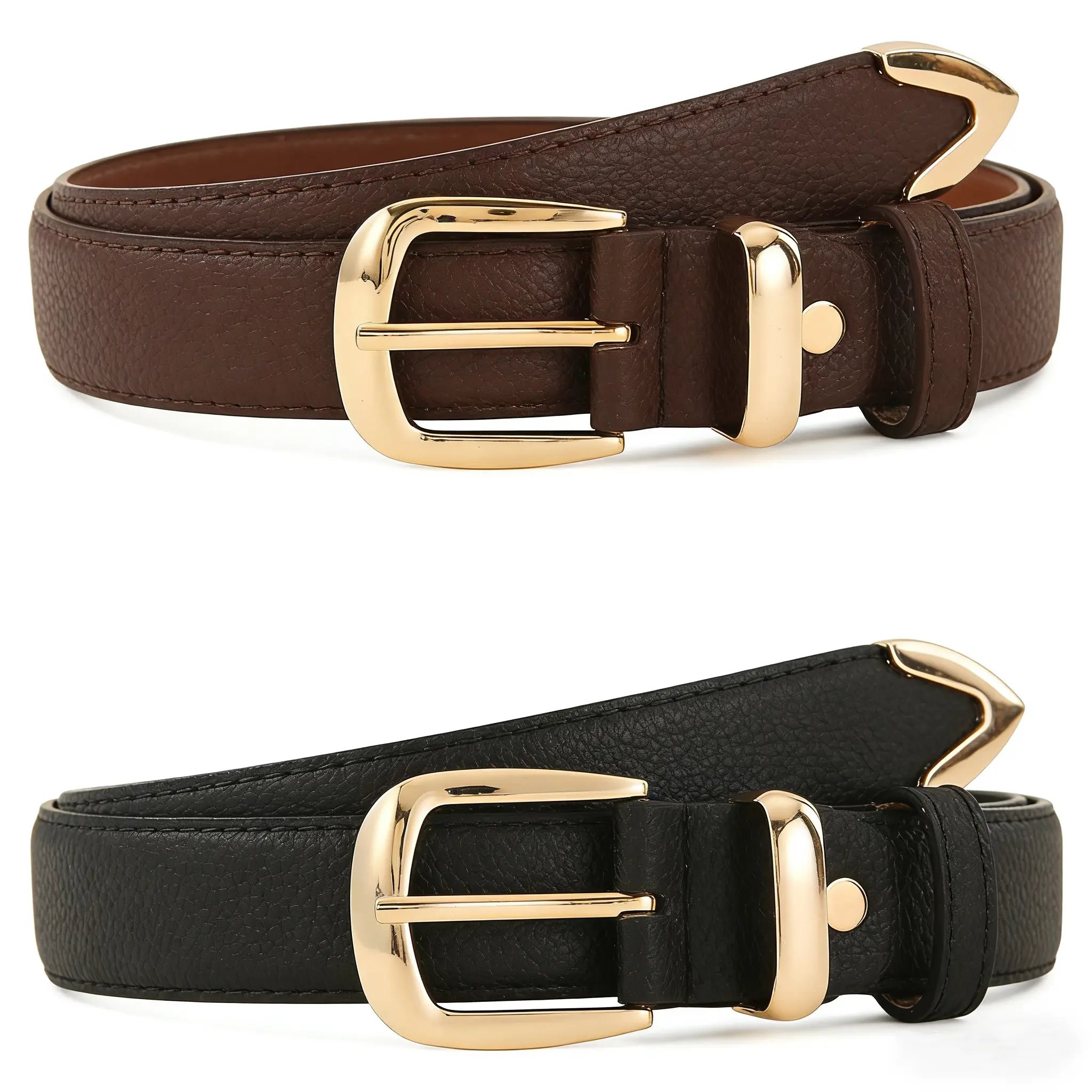 SHIFFRINKEN Women's 2 PU Leather Solid-Color Waist Belts - Lychee-Texture Alloy Frame Buckle - Versatile for Dresses, Pants - Casual-Elegant Everyday Fashion Accessories