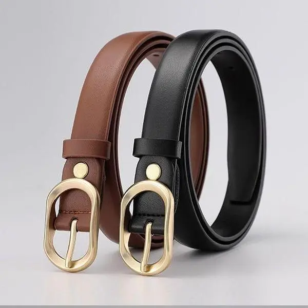 Women’s PU Leather Skinny Belt with Gold Alloy Buckle, 39 Inch Adjustable Waist Belt, Slim Fashion Belt for Jeans, Pants, Dresses, Casual & Dressy Outfits, Black/Brown