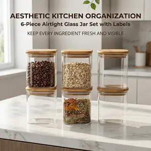 6-Piece Airtight Glass Storage Jars with Bamboo Lids, Square Canisters with Waterproof Labels, Moisture-Proof Containers for Dry Goods, Grains, Snacks and Spices, Stackable and Aesthetic for Neat Kitchen Organization