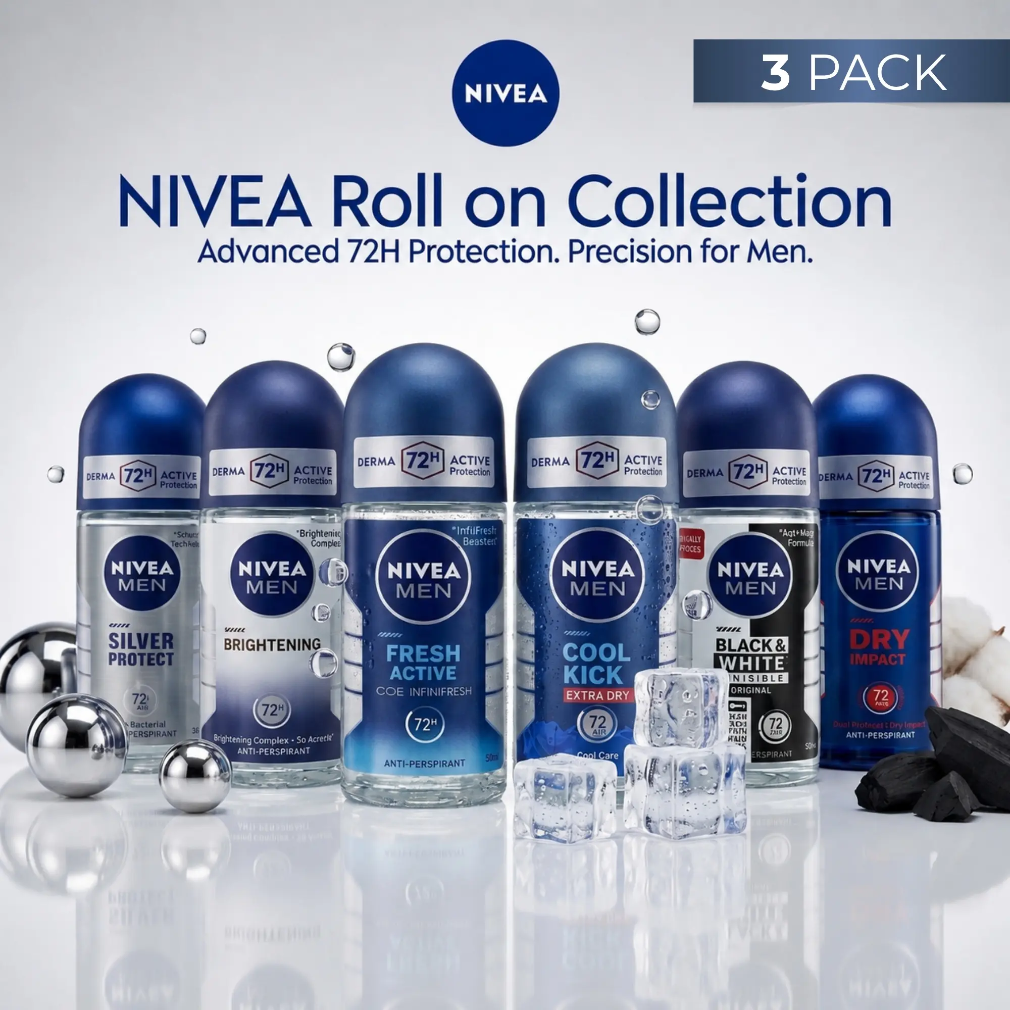 NIVEA Men Scented Roll-On Deodorant 3-Pack Bundle - Multi-Pack Deodorant Bulk, 50mL Each Assorted Fragrances, Adult Male Office Daily Dry Body Care, Smooth, Daily Use, Freshness, Antibacterial, Body Deodorizer, Liquid, Anti-Perspiration, Gifting, Deodoran