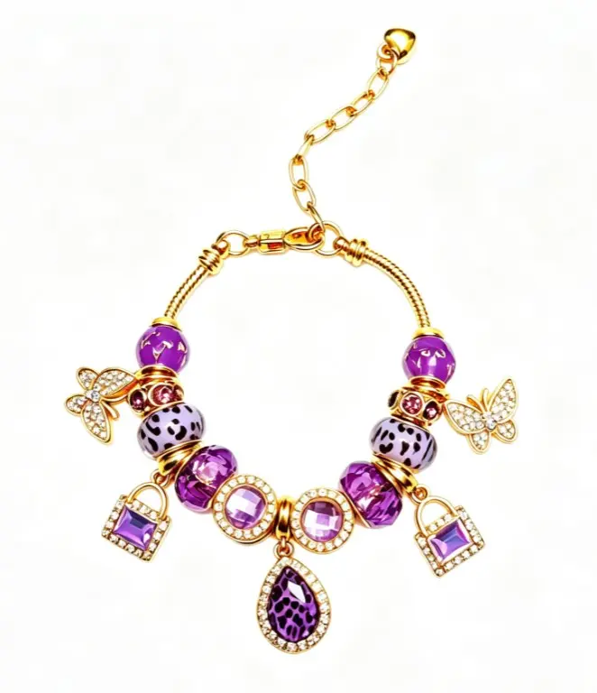 Purple Leopard Crystal Charm Bracelet for Women, Gold Plated Butterfly Lock Teardrop Amethyst Beaded Snake Chain Bracelet, Elegant Jewelry Gift for Birthday Anniversary