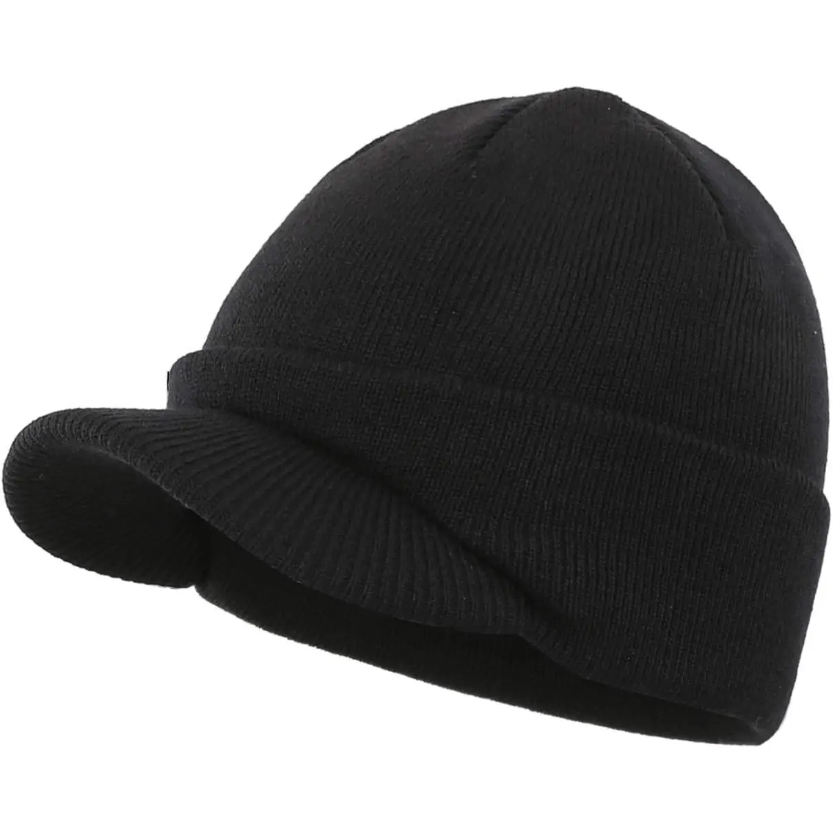 Men's Winter Visor Beanie Hat, Warm Double Knit 100% Acrylic Cuffed Cap for Camping & Snowboarding, Fits 57-60cm Head Circumference, Cuff Brim With Visor, Cycling, Daily Use