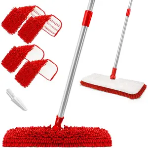 Microfiber Mop for Floor Cleaning, Hardwood Dust Mop, Wet Mopping with 4 Washable Replacement Mop Pads, Floor Mops for Cleaning with 1 Scraper- White & Red