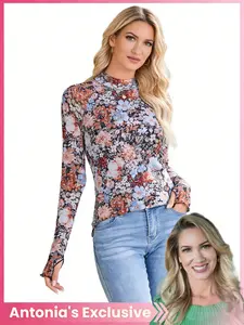 Women's Sexy Ditsy Floral Lace Knit Long Sleeve Top, Slim-Fit Transparent Mesh Layered Blouse, Fashionable Spring & Fall Wear, All-Season Clothing