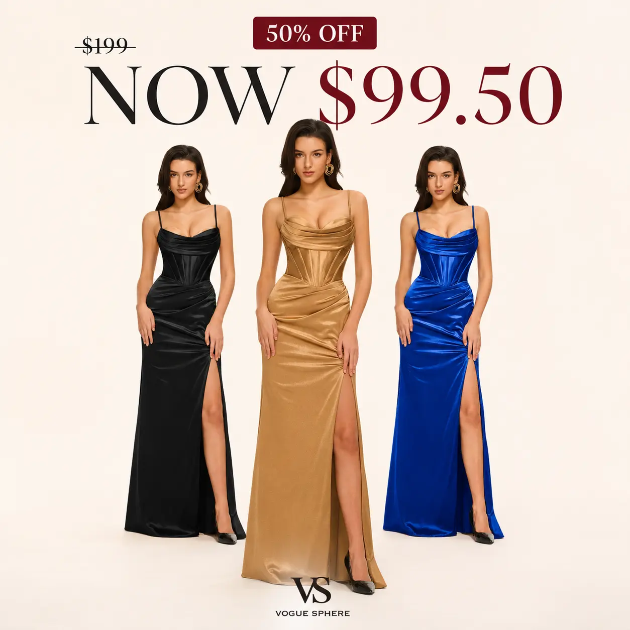 Kaimono Women's Gold Satin Corset Evening Gown, Spaghetti Strap Cowl Neck Ruched Formal Dress with Thigh Slit for Prom, Wedding Guest and Gala K0926003 Elegant Feminine