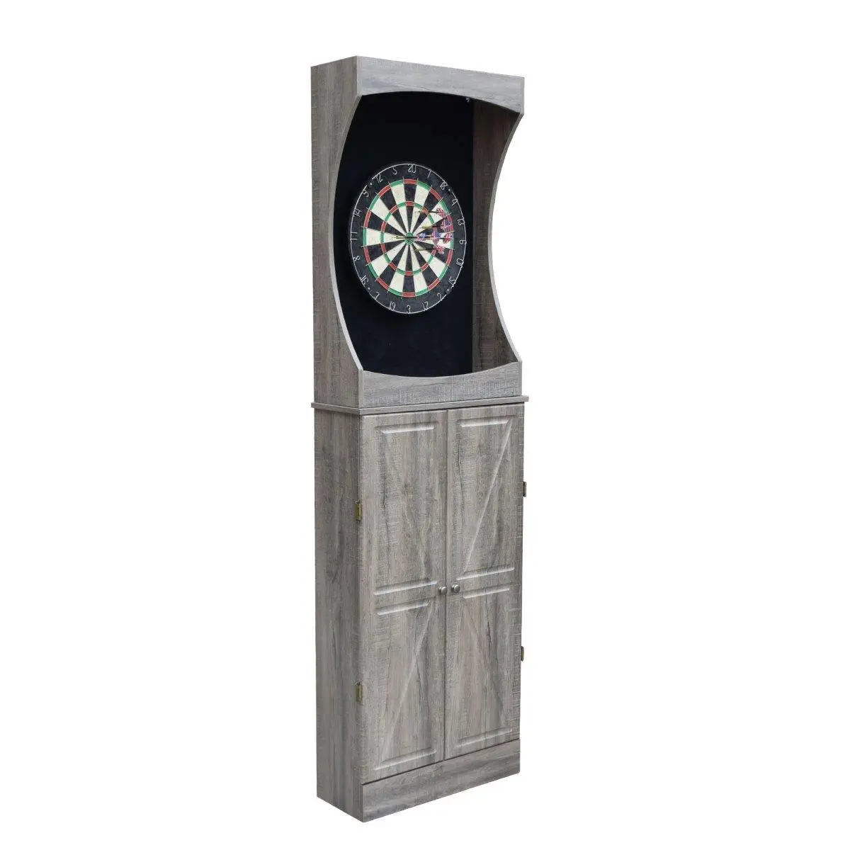Westwood Wood Free Standing Dart Cabinet Set - Modern Farmhouse Style, Barn Door Look, Regulation Size Self-Healing Dartboard, 18" H X 18" W X 1.5" D, Indoor Outdoor Leisure Sports Equipment, Self-Healing Board, Dartboards, Nickel, Engineered Wood, Fewer,