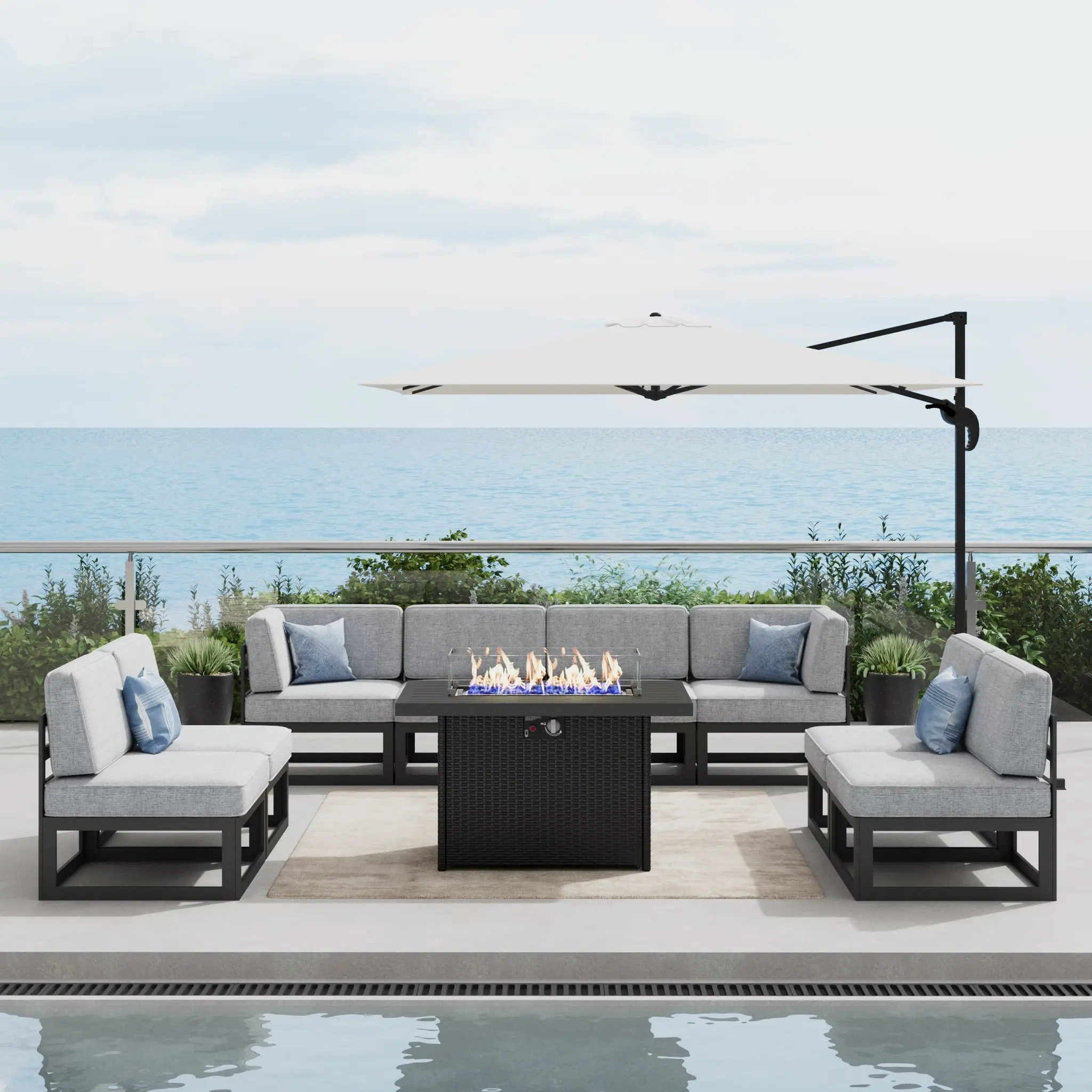 LayinSun Large Aluminum Patio Furniture Set with Fire Pit Table, 9-Piece Modern Outdoor Conversation Set Sectional Metal Sofa Set with Olefin Cushion, Multiple Packages