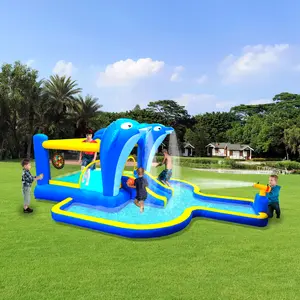 SAVEYOUR  8 In 1 Outdoor Inflatable Water Slide Bounce House, Garden Water Park with Dolphin Sprinkler, Target Games, Water Gun & Basketball Hoop