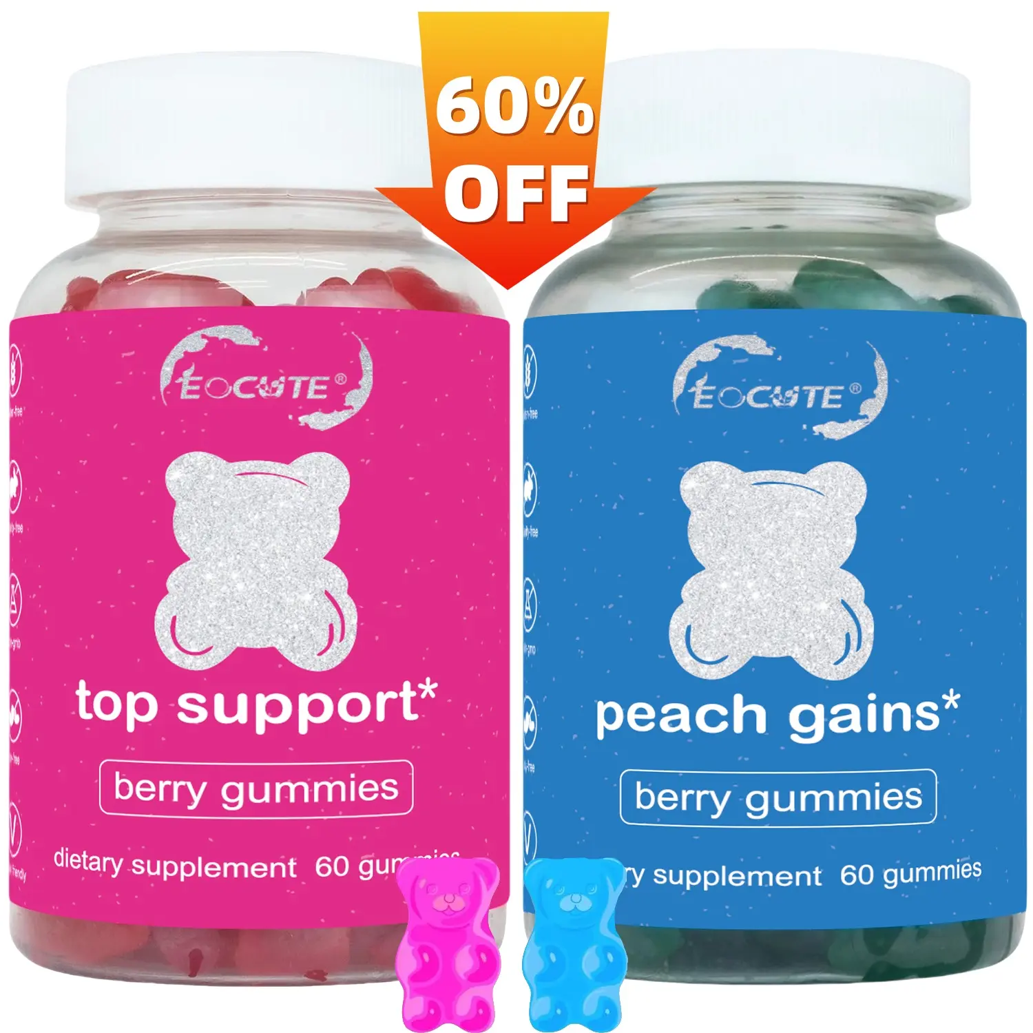 EOCUTE Peach Gains Chewable Bear Gummies Combo Pack - Women's Fitness Workout Aid with Essential Herbs & Multivitamins for Health & Nutrition Dietary Support