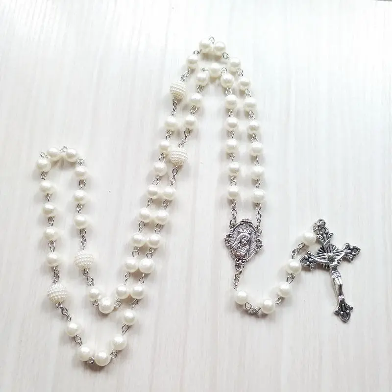 Female White Acrylic Pearl Long Catholic Crucifix Necklace, Metal Plated Gold Chain & Link Cross Pendant Rosary, Daily Religious Fashion Costume Jewelry Accessory