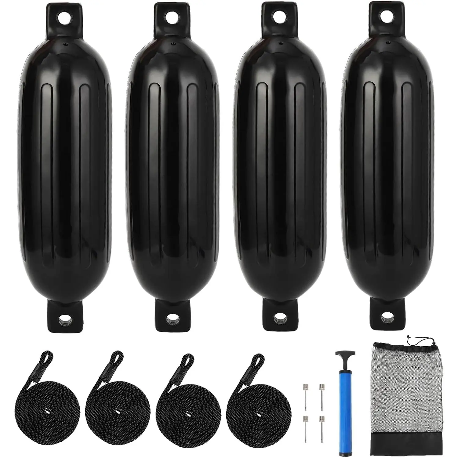 4 Pack Boat Fenders,16"*4.5" Inflatable Boat Bumpers for Docking,Dock Bumpers with 4 Ropes,1 Air Pump & 1 Storage Bag,Ideal for 10-35ft Boats,Fishing Boats & Yachts